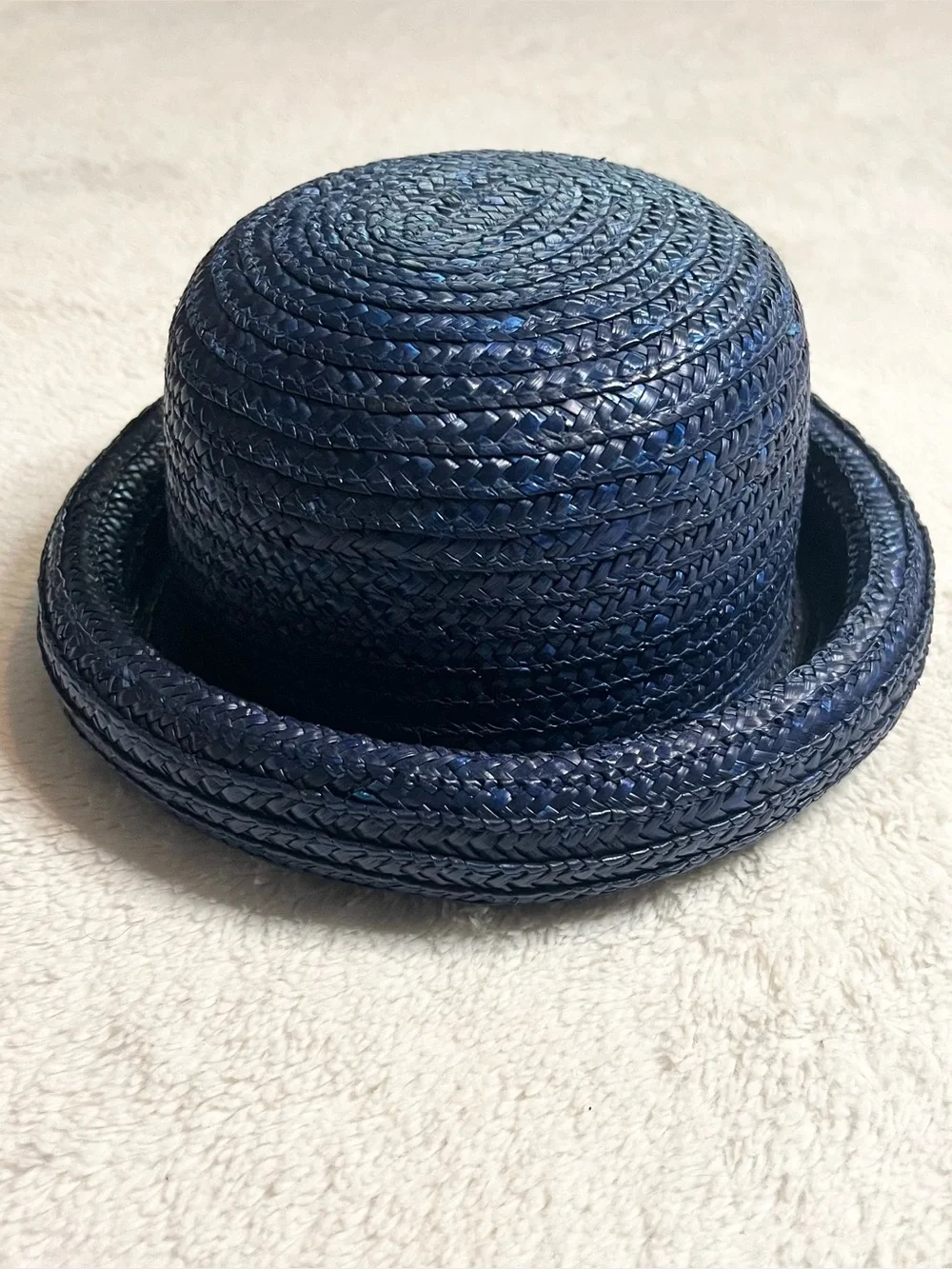 Vintage Navy Blue Braided Straw Rolled Brim Bowler Hat